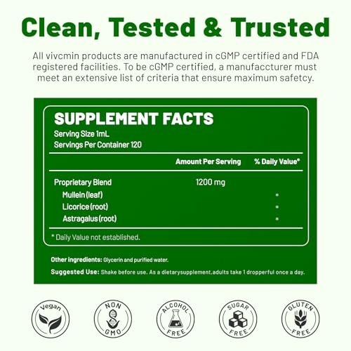 vivcmin Königskerzentropfen für die Lunge – 120 Portionen – Atemwegs- und Immununterstützung – Lungendetox für Raucher – Königskerzenblattextrakt zur Lungenreinigung – 118 ml