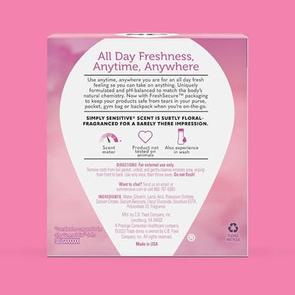 Summer's Eve Simply Sensitive Feuchttücher für die Intimhygiene, pH-ausgeglichene Mizellenwasser-Formel, hilft vaginalen Geruch zu kontrollieren, wiederverschließbare Packung, 32 Tücher, 4er-Pack