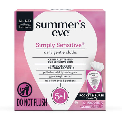 Summer's Eve Simply Sensitive Feuchttücher für die Intimhygiene, pH-ausgeglichene Mizellenwasser-Formel, einzeln verpackt, 12 Stück