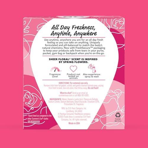 Summer's Eve Sheer Floral Feuchttücher für die Intimhygiene, pH-balancierte Formel hilft, vaginalen Geruch zu kontrollieren, einzeln verpackte Tücher, 12 Stück
