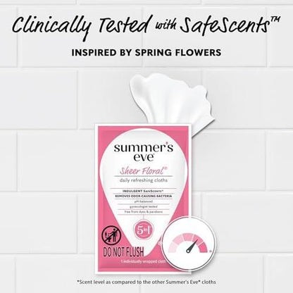 Summer's Eve Sheer Floral Feuchttücher für die Intimhygiene, pH-balancierte Formel hilft, vaginalen Geruch zu kontrollieren, einzeln verpackte Tücher, 12 Stück