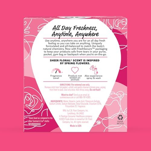 Summer's Eve Sheer Floral Feuchttücher für die Intimhygiene, pH-balancierte Formel hilft bei der Kontrolle von Vaginalgeruch, wiederverschließbare Packung, 32 Tücher, 4er-Pack