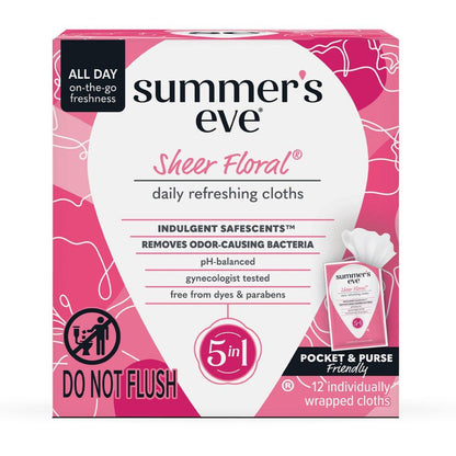 Summer's Eve Sheer Floral Feuchttücher für die Intimhygiene, pH-balancierte Formel hilft, vaginalen Geruch zu kontrollieren, einzeln verpackte Tücher, 12 Stück