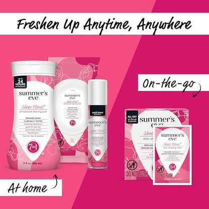 Summer's Eve Sheer Floral Feuchttücher für die Intimhygiene, pH-balancierte Formel hilft, vaginalen Geruch zu kontrollieren, einzeln verpackte Tücher, 12 Stück