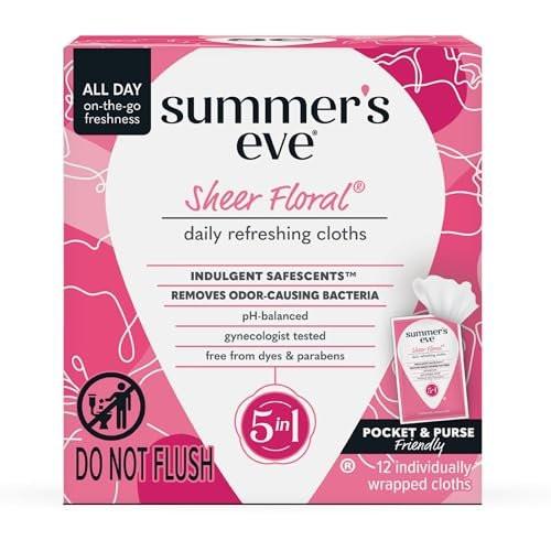 Summer's Eve Sheer Floral Feuchttücher für die Intimhygiene, pH-balancierte Formel hilft, vaginalen Geruch zu kontrollieren, einzeln verpackte Tücher, 12 Stück