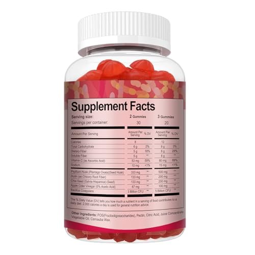 9-in-1 Probiotische Präbiotische Ballaststoff-Gummis für Erwachsene & Teenager – 16g Ballaststoffe pro Portion, Flohsamenschalen-Ballaststoffergänzung mit 5 Milliarden CFU Bacillus Coagulans, Inulin, ACV für Verdauung & Darm – 60 Stück
