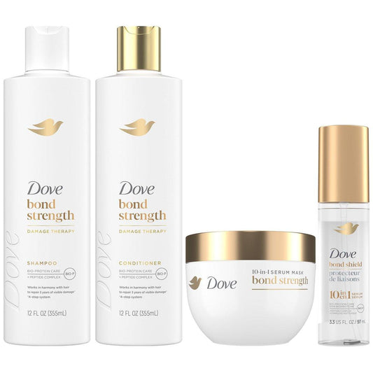 Dove Bond Strength Schadenbehandlungssystem – Shampoo, Conditioner, 10-in-1 Schildserum & Peptidmaske, Haarreparaturbehandlung, Anti-Frizz (4-teiliges Set)