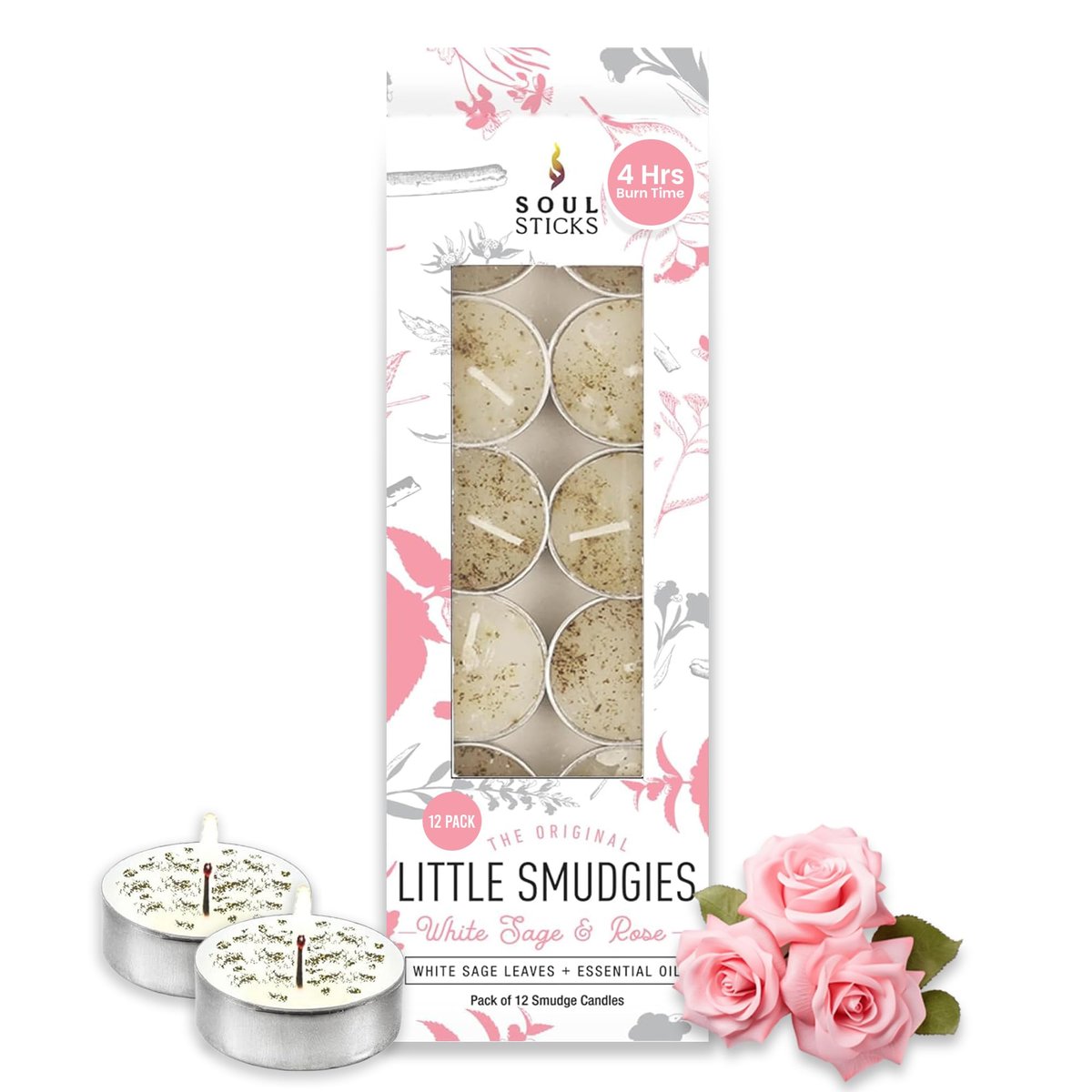 SOUL STICKS 12er Pack Little Smudgies Tealight Räucherkerzen für Hausreinigung, Meditation, Chakra-Heilung | Hergestellt mit Kristallen und Kräutern (Weißer Salbei & Rose)