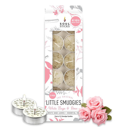 SOUL STICKS 12er Pack Little Smudgies Tealight Räucherkerzen für Hausreinigung, Meditation, Chakra-Heilung | Hergestellt mit Kristallen und Kräutern (Weißer Salbei & Rose)