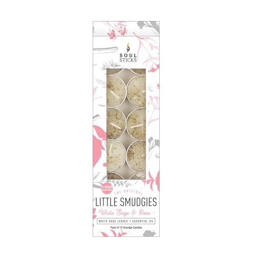 SOUL STICKS 12er Pack Little Smudgies Tealight Räucherkerzen für Hausreinigung, Meditation, Chakra-Heilung | Hergestellt mit Kristallen und Kräutern (Weißer Salbei & Rose)