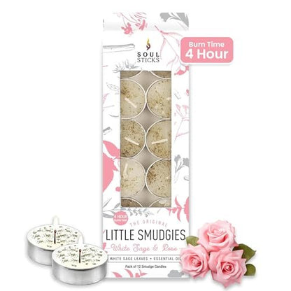 SOUL STICKS 12er Pack Little Smudgies Tealight Räucherkerzen für Hausreinigung, Meditation, Chakra-Heilung | Hergestellt mit Kristallen und Kräutern (Weißer Salbei & Rose)