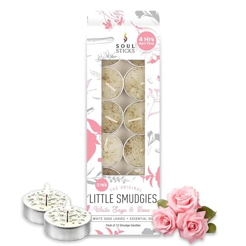 SOUL STICKS 12er Pack Little Smudgies Tealight Räucherkerzen für Hausreinigung, Meditation, Chakra-Heilung | Hergestellt mit Kristallen und Kräutern (Weißer Salbei & Rose)