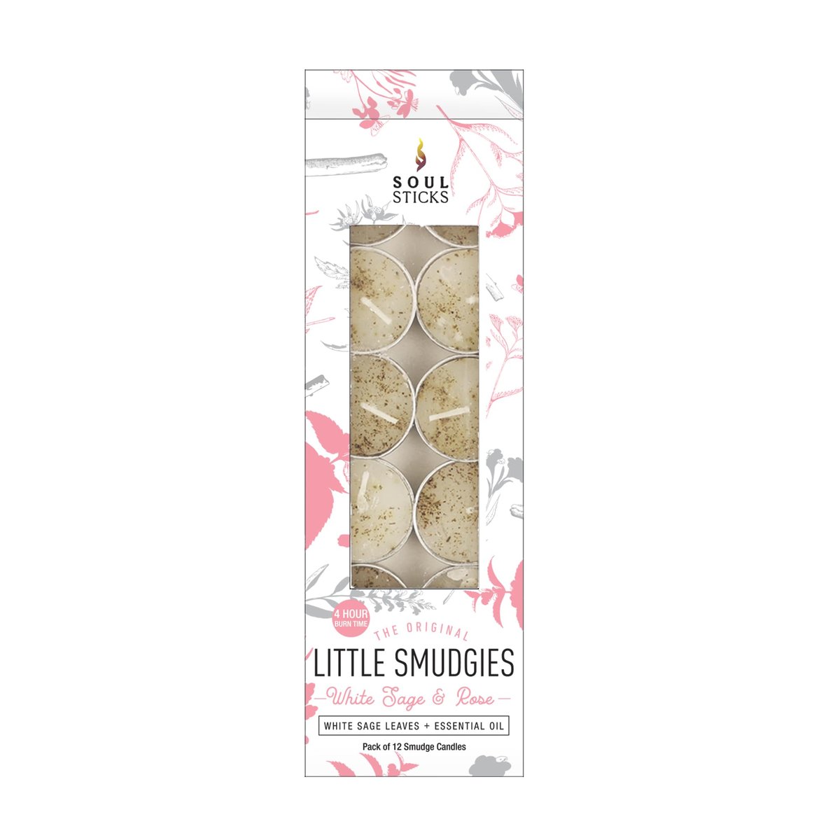 SOUL STICKS 12er Pack Little Smudgies Tealight Räucherkerzen für Hausreinigung, Meditation, Chakra-Heilung | Hergestellt mit Kristallen und Kräutern (Weißer Salbei & Rose)