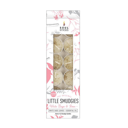 SOUL STICKS 12er Pack Little Smudgies Tealight Räucherkerzen für Hausreinigung, Meditation, Chakra-Heilung | Hergestellt mit Kristallen und Kräutern (Weißer Salbei & Rose)