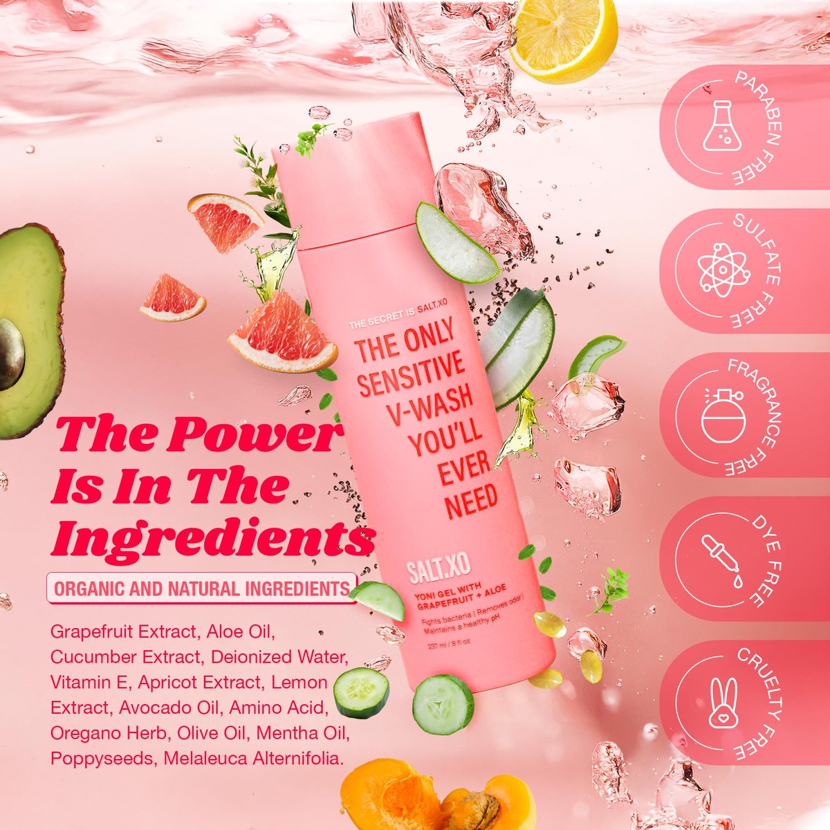 salt.xo Grapefruit Sensitive Yoni Waschgel für die Intimhygiene, pH-ausgleichende Intimpflege für Frauen, tierversuchsfrei, 8 Fl Oz
