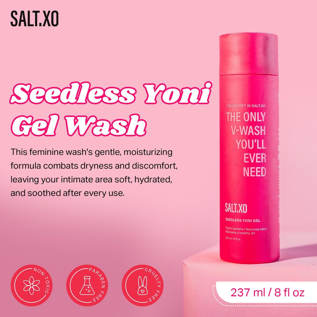 salt.xo Seedless Yoni Gel Waschgel für die Intimhygiene, Feminine Waschung mit erfrischender Gurke und Aloe Vera, natürliche Intimpflege für Frauen, pH-Balance Intimwaschgel, tierversuchsfrei (237 ml)