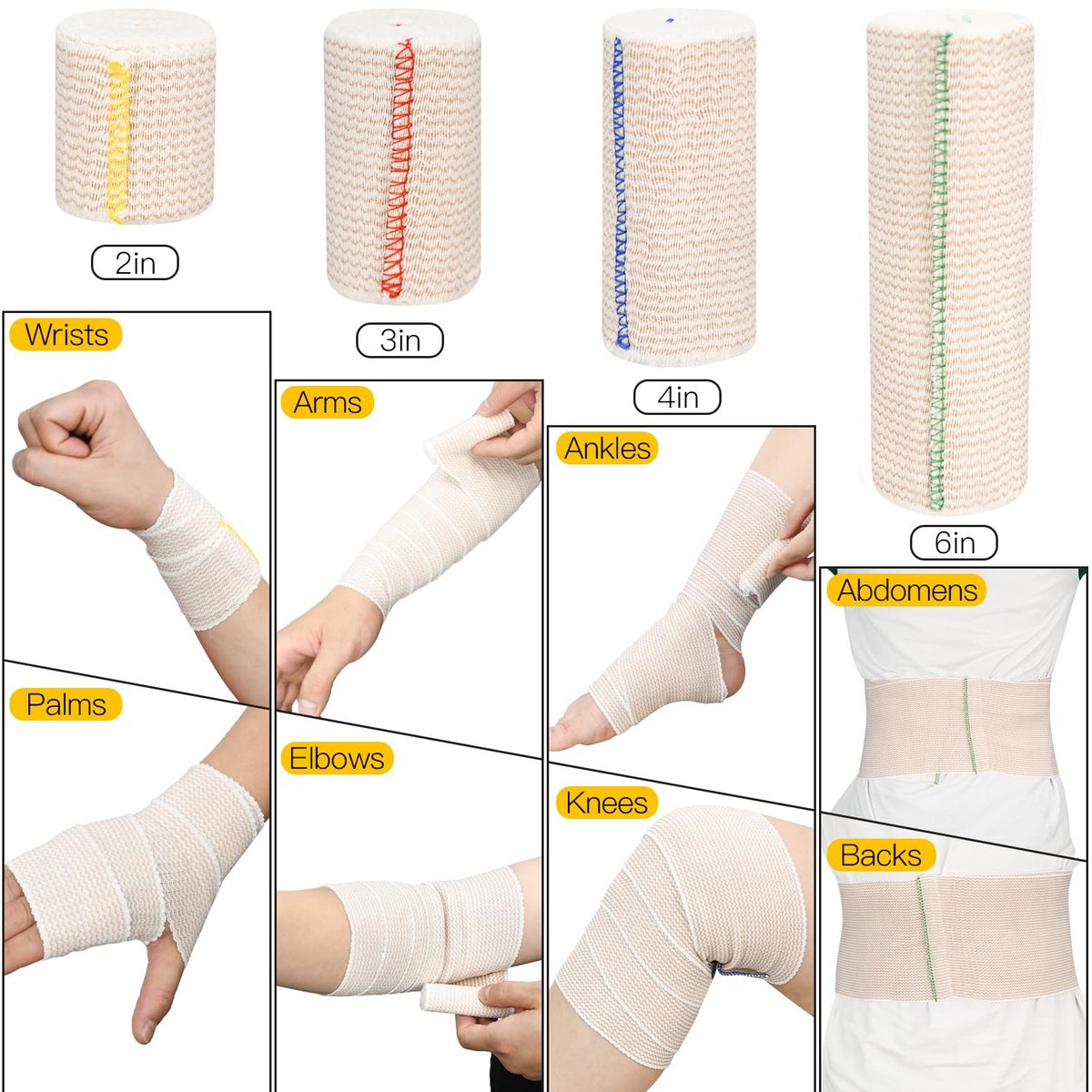 2er-Pack 4 Zoll Premium-Elastikbandage, Wiederverwendbare Klettverschluss-Kompressionsbandage für Knie, Knöchel, Handgelenke, Beine, Körper