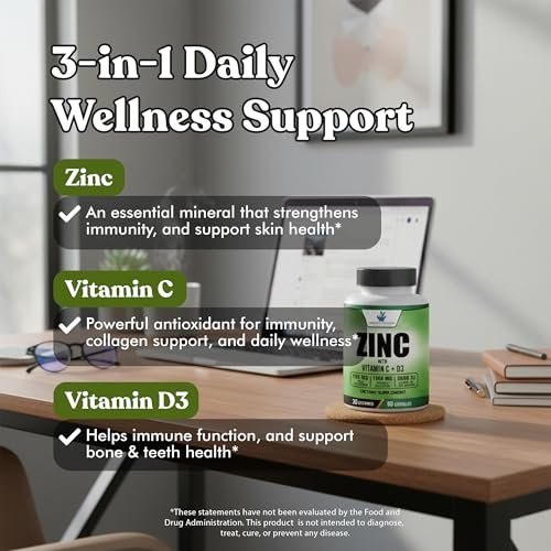American Standard Supplements Zink 100mg, Vitamin C 1000mg und Vitamin D3 5000 IE (125mcg) pro Portion - Glutenfrei, Nicht-GVO, 60 Kapseln, 30 Portionen