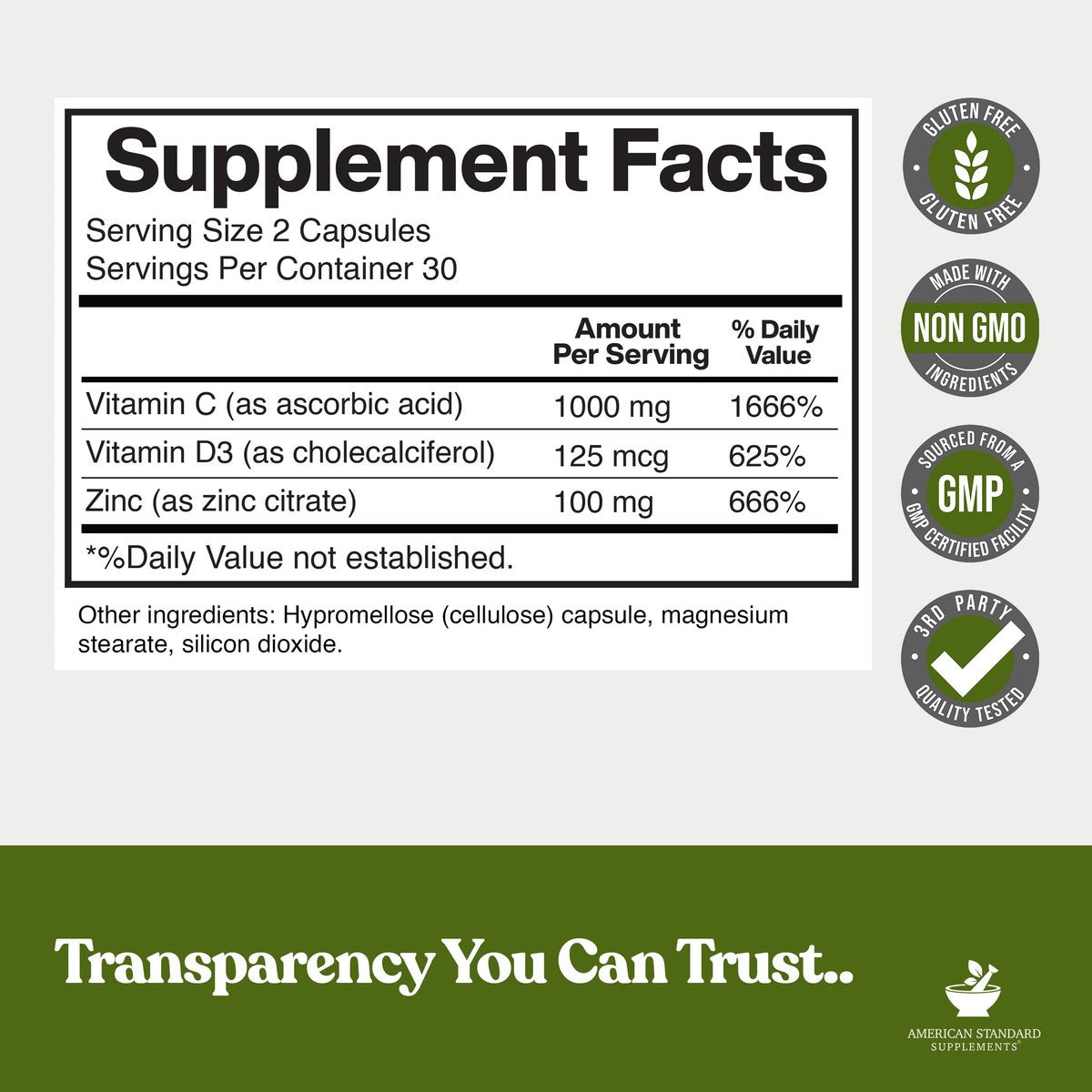 American Standard Supplements Zink 100mg, Vitamin C 1000mg und Vitamin D3 5000 IE (125mcg) pro Portion - Glutenfrei, Nicht-GVO, 60 Kapseln, 30 Portionen