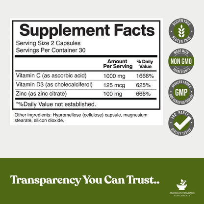 American Standard Supplements Zink 100mg, Vitamin C 1000mg und Vitamin D3 5000 IE (125mcg) pro Portion - Glutenfrei, Nicht-GVO, 60 Kapseln, 30 Portionen