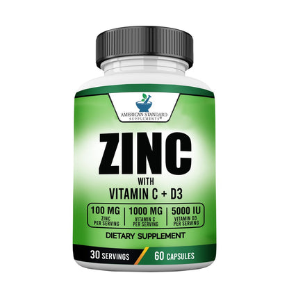 American Standard Supplements Zink 100mg, Vitamin C 1000mg und Vitamin D3 5000 IE (125mcg) pro Portion - Glutenfrei, Nicht-GVO, 60 Kapseln, 30 Portionen