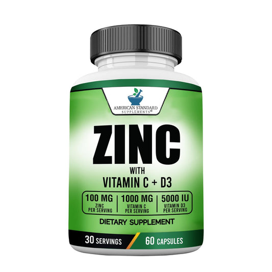 American Standard Supplements Zink 100mg, Vitamin C 1000mg und Vitamin D3 5000 IE (125mcg) pro Portion - Glutenfrei, Nicht-GVO, 60 Kapseln, 30 Portionen