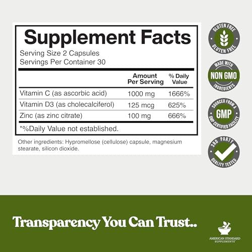American Standard Supplements Zink 100mg, Vitamin C 1000mg und Vitamin D3 5000 IE (125mcg) pro Portion - Glutenfrei, Nicht-GVO, 60 Kapseln, 30 Portionen