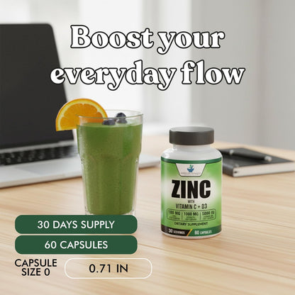 American Standard Supplements Zink 100mg, Vitamin C 1000mg und Vitamin D3 5000 IE (125mcg) pro Portion - Glutenfrei, Nicht-GVO, 60 Kapseln, 30 Portionen