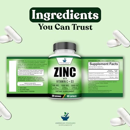 American Standard Supplements Zink 100mg, Vitamin C 1000mg und Vitamin D3 5000 IE (125mcg) pro Portion - Glutenfrei, Nicht-GVO, 60 Kapseln, 30 Portionen