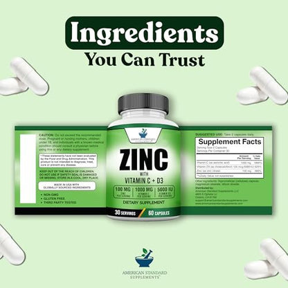 American Standard Supplements Zink 100mg, Vitamin C 1000mg und Vitamin D3 5000 IE (125mcg) pro Portion - Glutenfrei, Nicht-GVO, 120 Kapseln, 60 Portionen