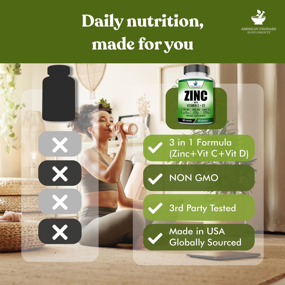 American Standard Supplements Zink 100mg, Vitamin C 1000mg und Vitamin D3 5000 IE (125mcg) pro Portion - Glutenfrei, Nicht-GVO, 60 Kapseln, 30 Portionen