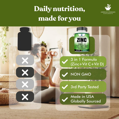 American Standard Supplements Zink 100mg, Vitamin C 1000mg und Vitamin D3 5000 IE (125mcg) pro Portion - Glutenfrei, Nicht-GVO, 60 Kapseln, 30 Portionen