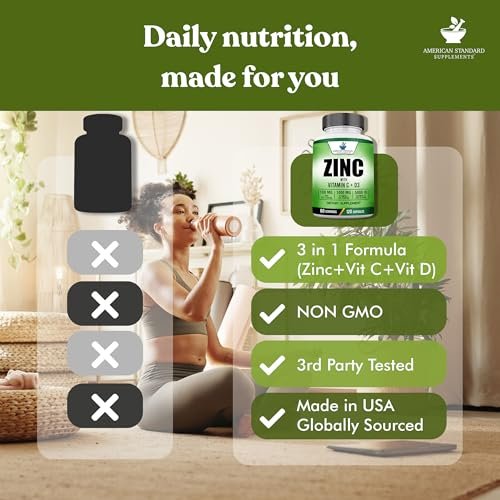 American Standard Supplements Zink 100mg, Vitamin C 1000mg und Vitamin D3 5000 IE (125mcg) pro Portion - Glutenfrei, Nicht-GVO, 60 Kapseln, 30 Portionen