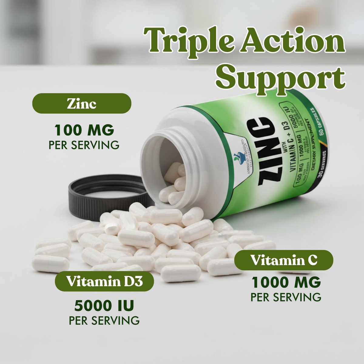 American Standard Supplements Zink 100mg, Vitamin C 1000mg und Vitamin D3 5000 IE (125mcg) pro Portion - Glutenfrei, Nicht-GVO, 60 Kapseln, 30 Portionen