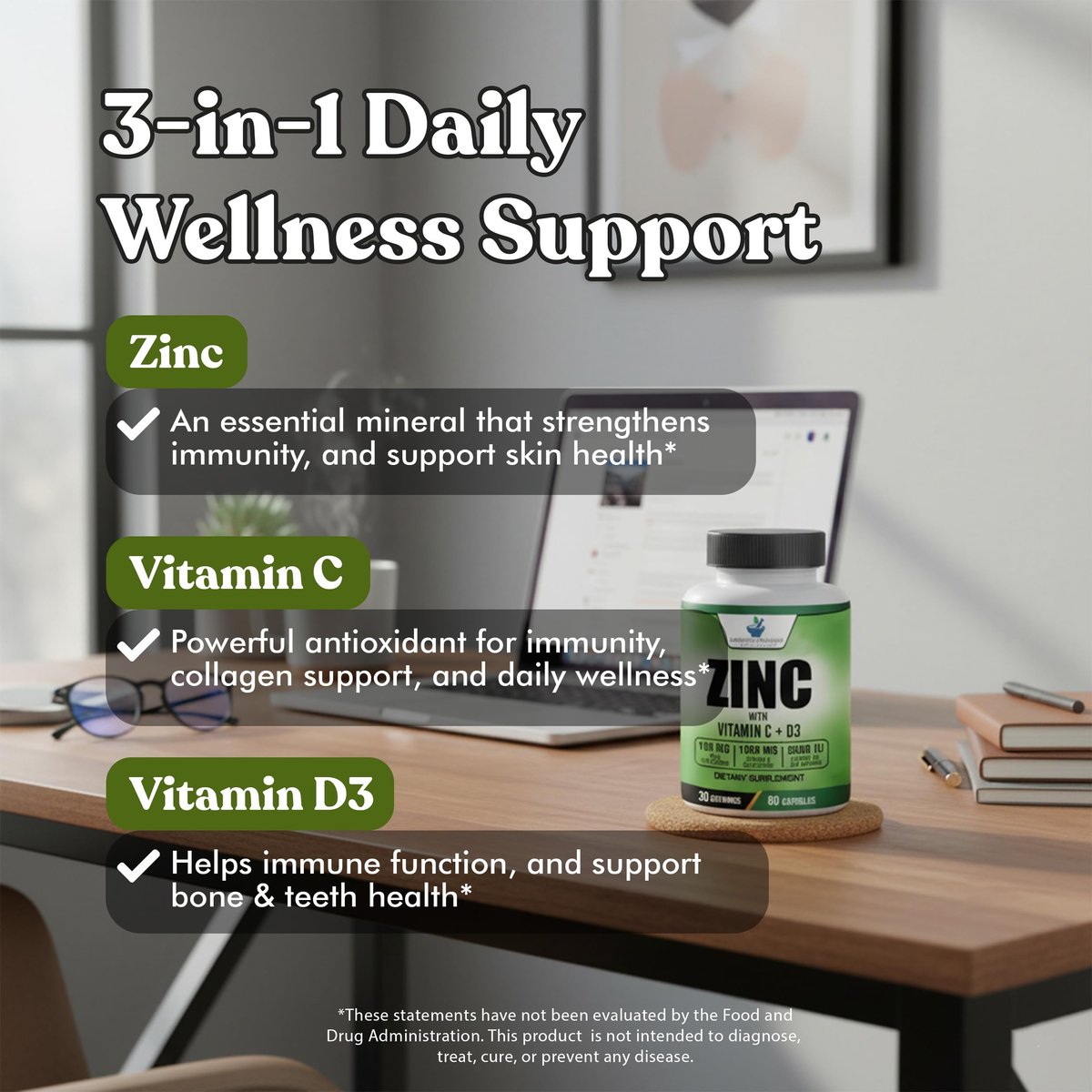American Standard Supplements Zink 100mg, Vitamin C 1000mg und Vitamin D3 5000 IE (125mcg) pro Portion - Glutenfrei, Nicht-GVO, 60 Kapseln, 30 Portionen