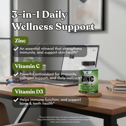 American Standard Supplements Zink 100mg, Vitamin C 1000mg und Vitamin D3 5000 IE (125mcg) pro Portion - Glutenfrei, Nicht-GVO, 60 Kapseln, 30 Portionen