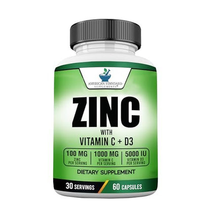 American Standard Supplements Zink 100mg, Vitamin C 1000mg und Vitamin D3 5000 IE (125mcg) pro Portion - Glutenfrei, Nicht-GVO, 60 Kapseln, 30 Portionen