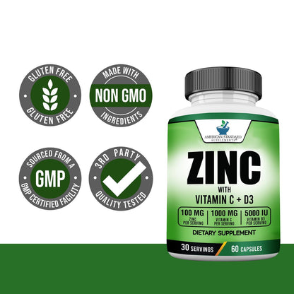 American Standard Supplements Zink 100mg, Vitamin C 1000mg und Vitamin D3 5000 IE (125mcg) pro Portion - Glutenfrei, Nicht-GVO, 60 Kapseln, 30 Portionen