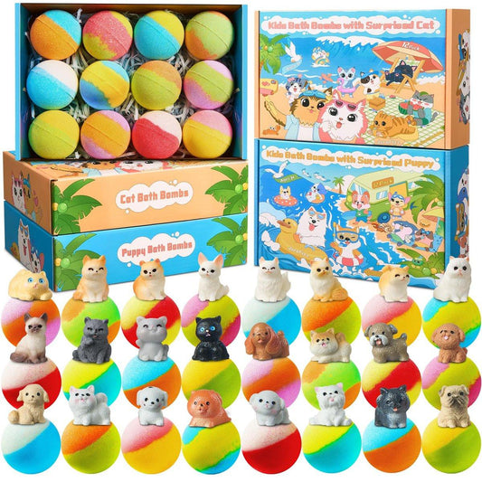 JuraFizz Badebomben für Kinder mit Überraschung im Inneren, 24er Pack mit Hunde- & Katzen-Spielzeugen, kindersichere Naturbadebomben mit Spielzeug für Mädchen und Jungen, Geburtstagsparty-Geschenke