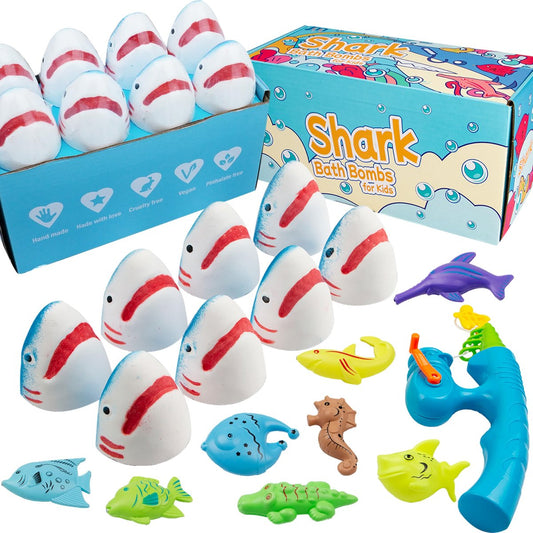 JOI MEW Shark Bath Bombs für Kinder – 8 Explodierende Badebälle mit Überraschungs-Angelspielzeug-Set, 9 Angelspielzeuge, Natürliche Handgemachte Organische Badebomben, Ideales Geburtstags-Weihnachtsgeschenk für Jungen und Mädchen