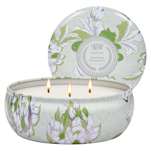 M&SENSE Beruhigende Eukalyptus Duftkerze, Große 3-Docht Soja-Kerze im Blech, Über 40 Stunden Brenndauer, 100% Natürliches Veganes Wachs, Entspannende Aromatherapie Ästhetische Kerze Geschenk für Frauen Männer