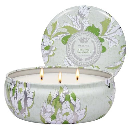 M&SENSE Beruhigende Eukalyptus Duftkerze, Große 3-Docht Soja-Kerze im Blech, Über 40 Stunden Brenndauer, 100% Natürliches Veganes Wachs, Entspannende Aromatherapie Ästhetische Kerze Geschenk für Frauen Männer