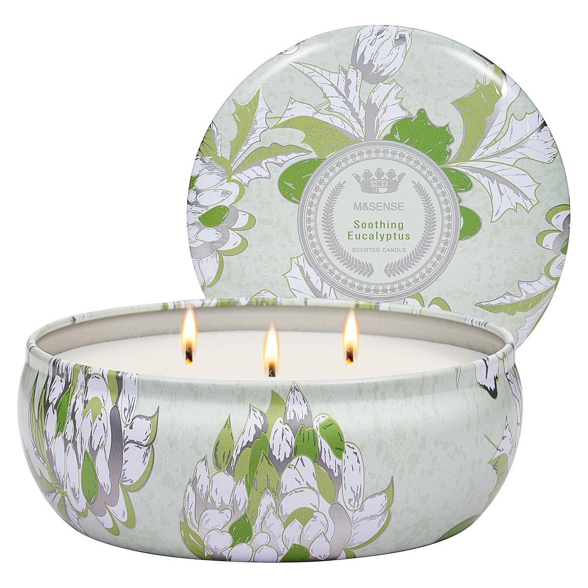 M&SENSE Beruhigende Eukalyptus Duftkerze, Große 3-Docht Soja-Kerze im Blech, Über 40 Stunden Brenndauer, 100% Natürliches Veganes Wachs, Entspannende Aromatherapie Ästhetische Kerze Geschenk für Frauen Männer