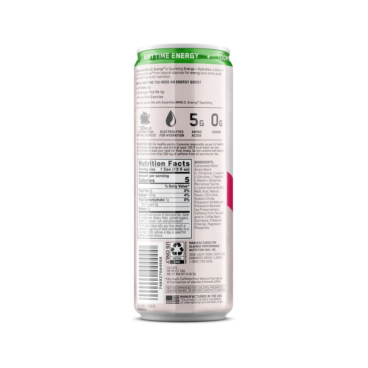 Optimum Nutrition Amino Energy Sparkling Hydration Drink, Elektrolyte, Koffein, Aminosäuren, BCAAs, Zuckerfrei, Cocoberry Breeze, 12 x 355 ml