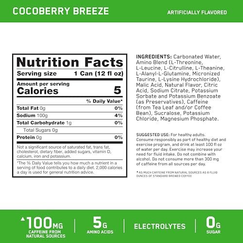 Optimum Nutrition Amino Energy Sparkling Hydration Drink, Elektrolyte, Koffein, Aminosäuren, BCAAs, Zuckerfrei, Cocoberry Breeze, 12 x 355 ml