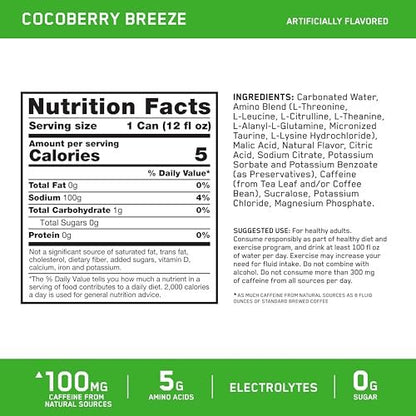 Optimum Nutrition Amino Energy Sparkling Hydration Drink, Elektrolyte, Koffein, Aminosäuren, BCAAs, Zuckerfrei, Cocoberry Breeze, 12 x 355 ml