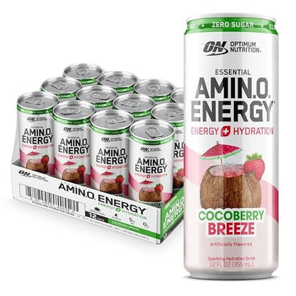 Optimum Nutrition Amino Energy Sparkling Hydration Drink, Elektrolyte, Koffein, Aminosäuren, BCAAs, Zuckerfrei, Cocoberry Breeze, 12 x 355 ml