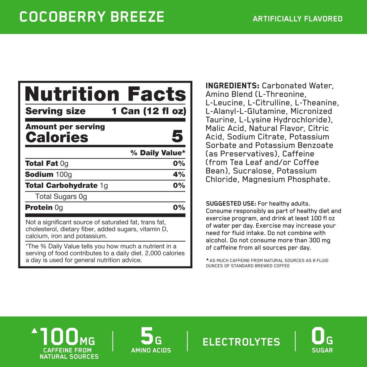 Optimum Nutrition Amino Energy Sparkling Hydration Drink, Elektrolyte, Koffein, Aminosäuren, BCAAs, Zuckerfrei, Cocoberry Breeze, 12 x 355 ml