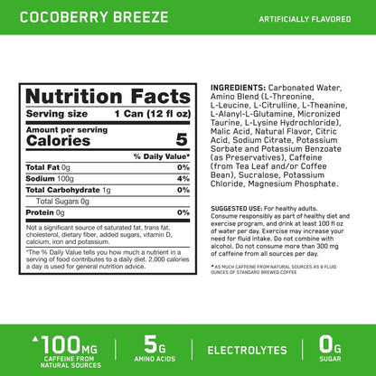 Optimum Nutrition Amino Energy Sparkling Hydration Drink, Elektrolyte, Koffein, Aminosäuren, BCAAs, Zuckerfrei, Cocoberry Breeze, 12 x 355 ml
