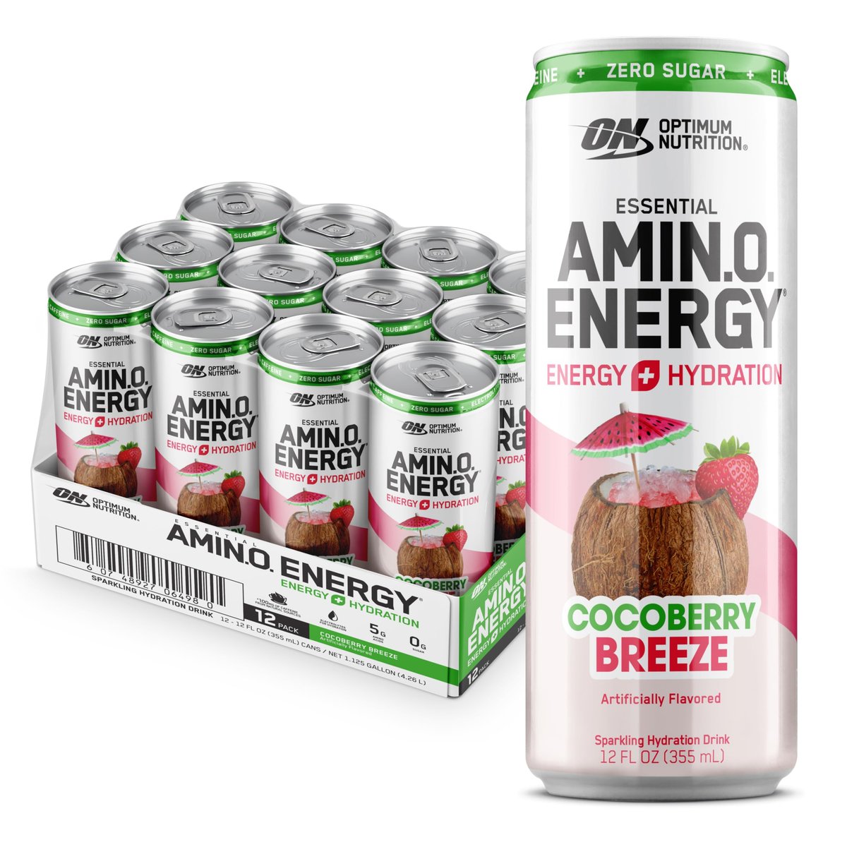 Optimum Nutrition Amino Energy Sparkling Hydration Drink, Elektrolyte, Koffein, Aminosäuren, BCAAs, Zuckerfrei, Cocoberry Breeze, 12 x 355 ml